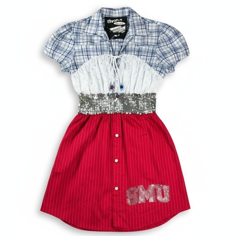 SMU Mustangs Women's Sequin Dress Size M Short Sleeve Button‎ Front Plaid New